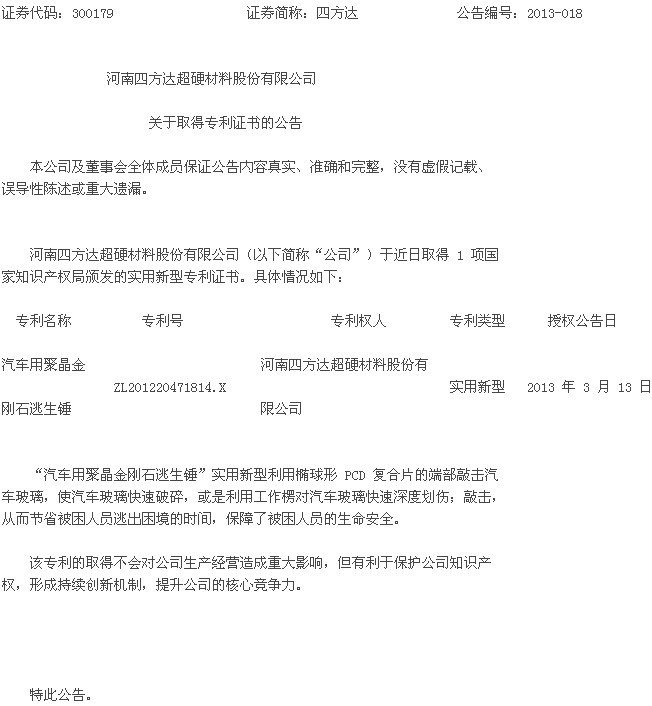 四方達：關于取得專利證書的公告