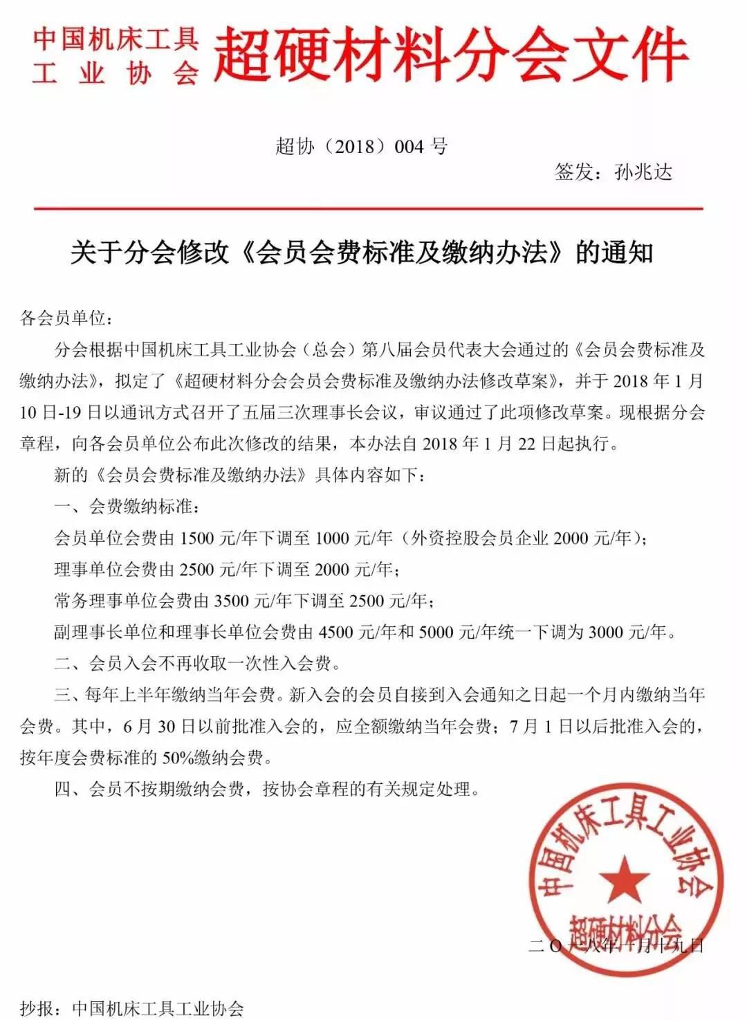 超硬材料分會整體下調會費標準的通知
