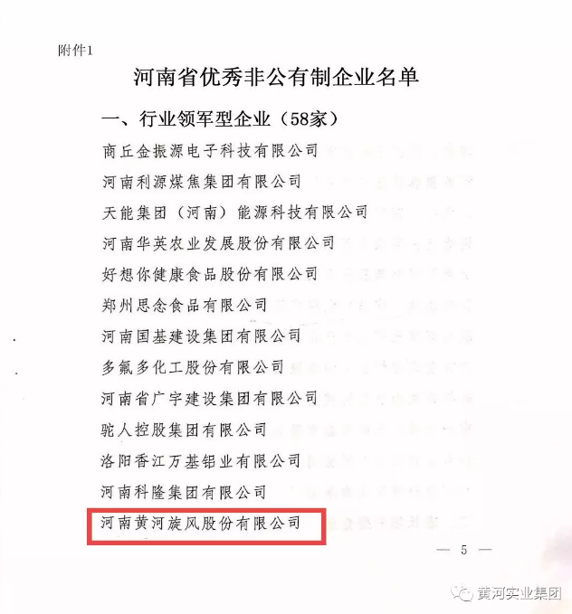 黃河旋風榮獲“河南省優秀非公有制企業（行業領軍型）”榮譽稱號