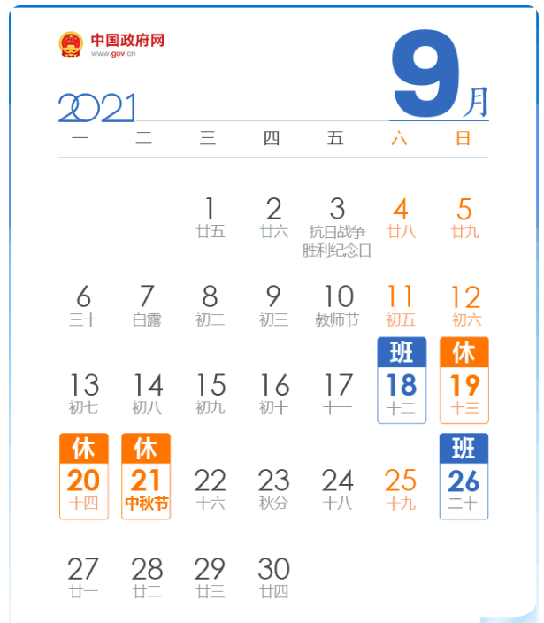 放假安排出爐！中秋3天，國慶7天，需調休