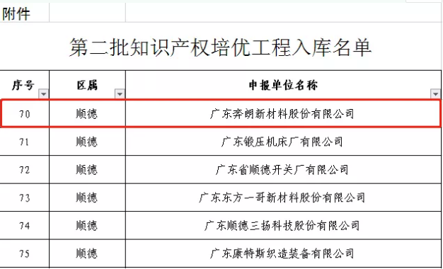 奔朗公司入選佛山市第二批知識(shí)產(chǎn)權(quán)培優(yōu)工程名錄