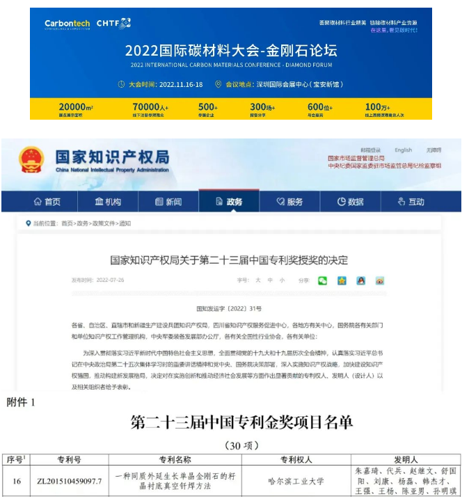 哈工大紅外薄膜與晶體團(tuán)隊(duì)金剛石專(zhuān)利榮獲中國(guó)專(zhuān)利獎(jiǎng)金獎(jiǎng)！