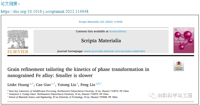 西工大《Scripta》：晶粒細化對納米晶鐵合金相變動力學的影響