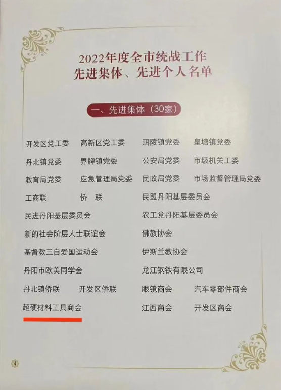 丹陽市超硬材料工具商會榮獲2022年度統戰工作先進集體