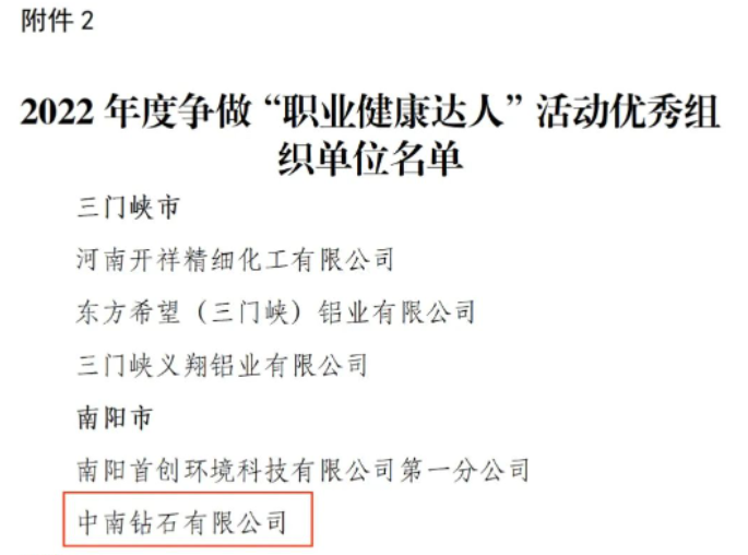 中南鉆石榮獲河南省2022年度爭做“職業健康達人”活動優秀組織單位