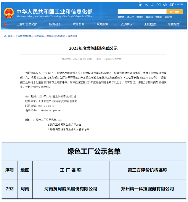 黃河旋風(fēng)入圍2023年國家級“綠色工廠”名單
