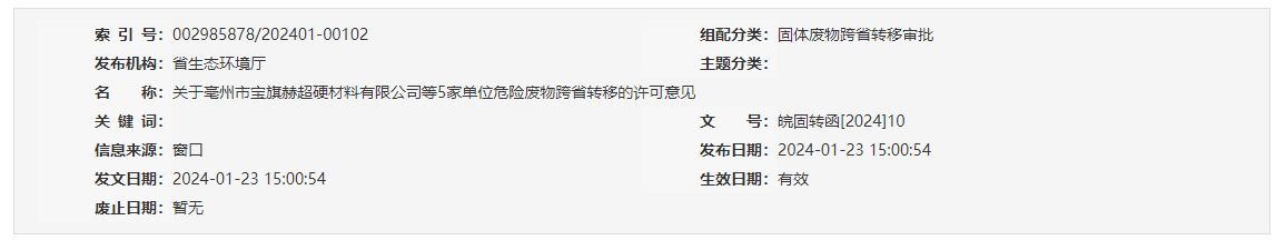 關于亳州市寶旗赫超硬材料有限公司等5家單位危險廢物跨省轉移的許可意見