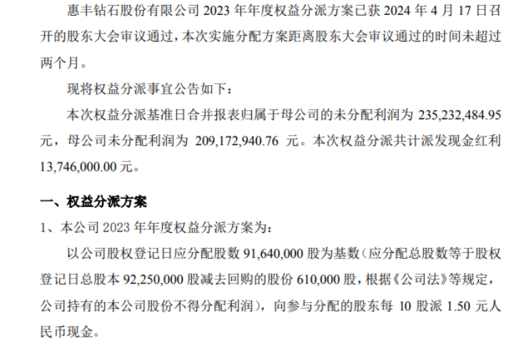 惠豐鉆石2023年權益分派每10股派現1.5元 共計派發現金紅利1374.6萬元
