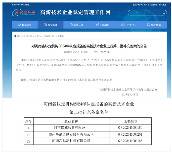鄭州華晶等超硬材料企業被認定為高新技術企業